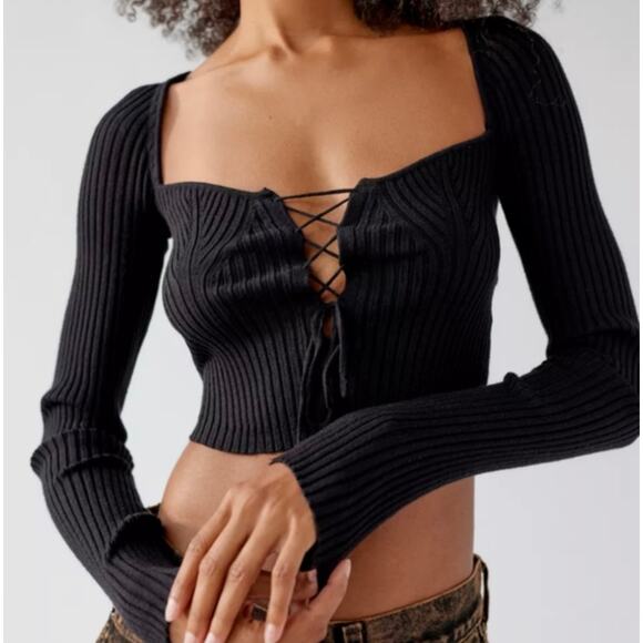 Urban Outfitters S black lace up crop long sleeve top - Picture 1 of 8